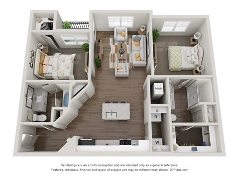 Floor plan for 2 beds, 2 baths, 1093 sqft